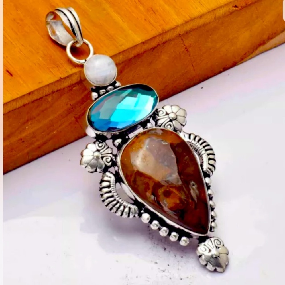 Stunning Coffee Bean Jasper, Rainbow Topaz, Moonstone & Sterling Silver Pendant